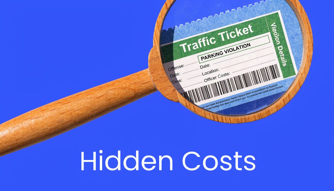 A magnifying glass focusing on a parking violation traffic ticket against a bright blue background.