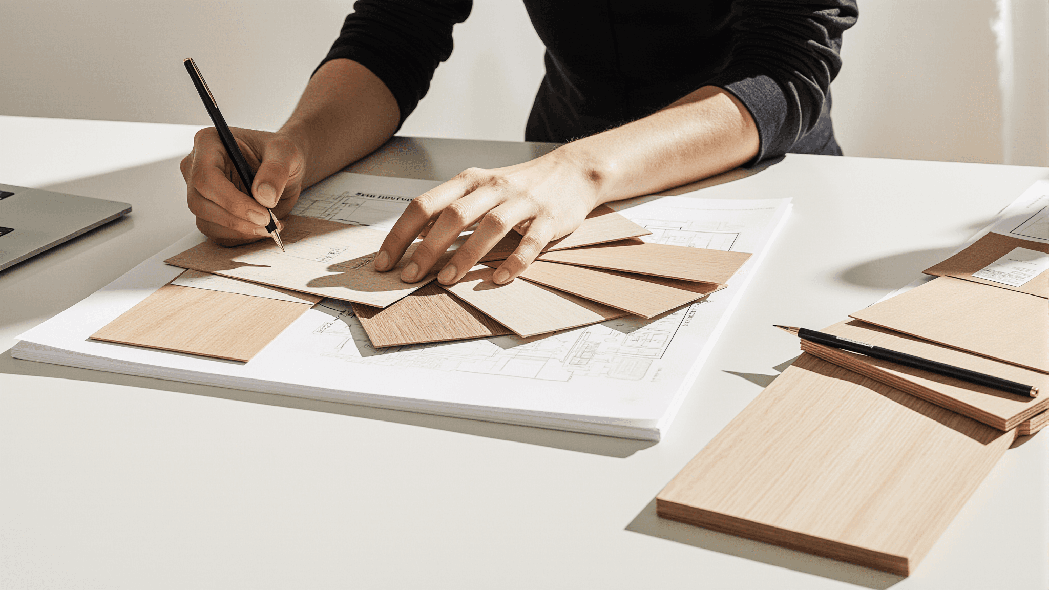 Person selecting light wood samples on a desk with architectural drawings and a laptop nearby.