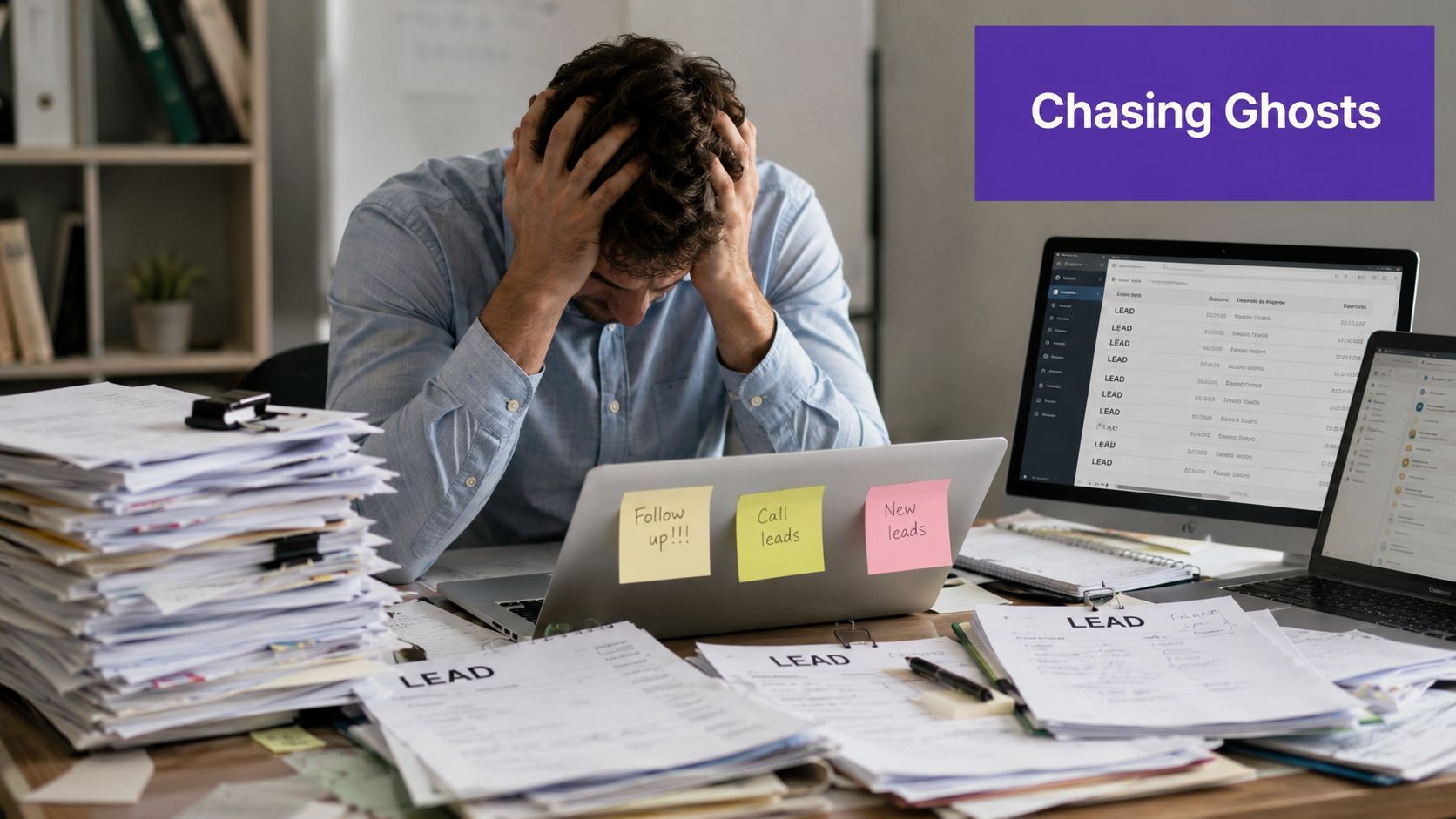A frustrated office worker overwhelmed by excessive paperwork and lead management tasks at their desk.