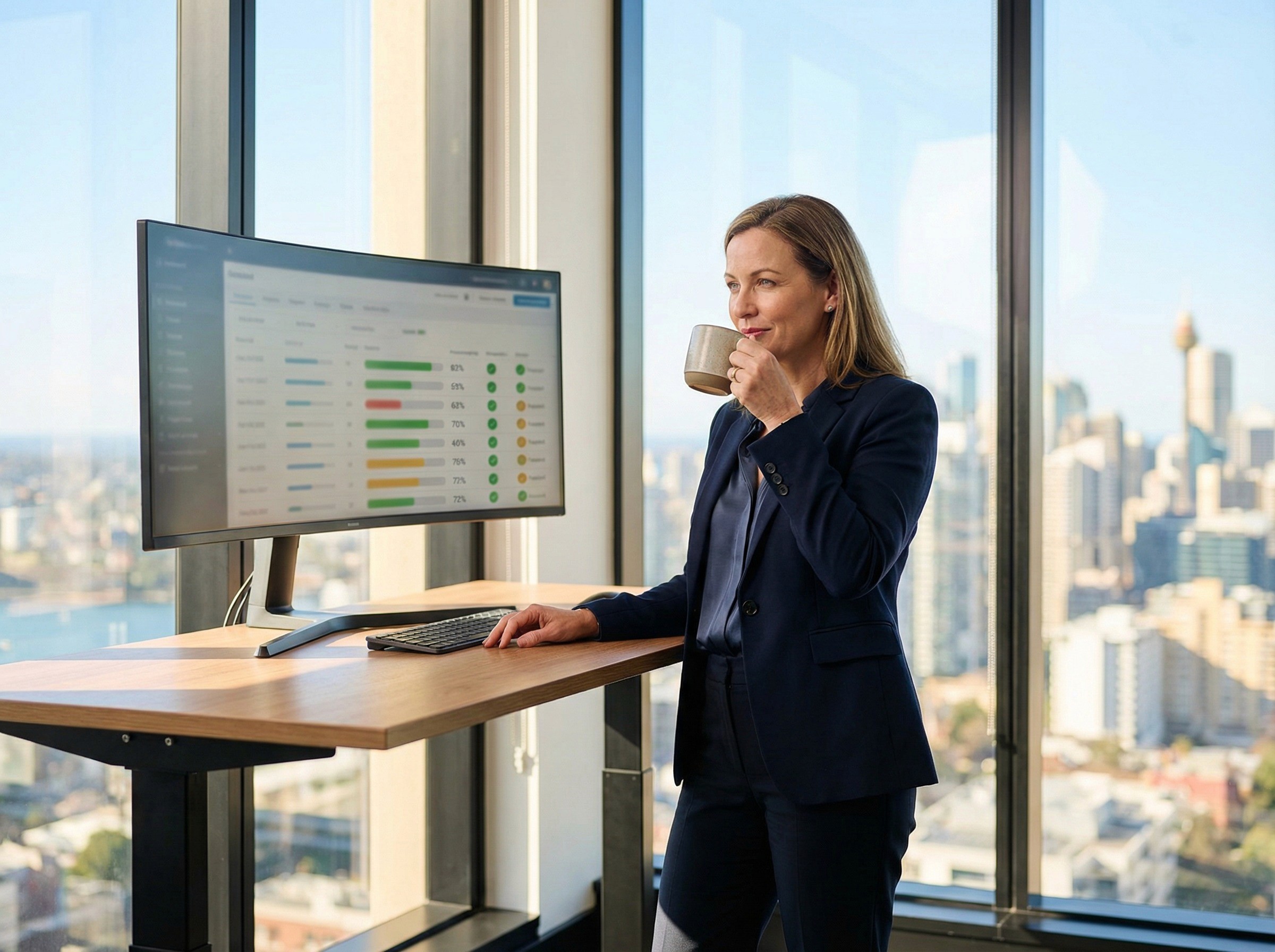 A national compliance manager in her mid-40s standing at a floor-to-ceiling window in a high-floor office, holding a coffee and looking at a large monitor on a standing desk beside the window. The monitor shows a multi-panel dashboard with framework-level status rows — each with a progress bar, a percentage, and a coloured indicator — visible in structure but not legible. The window behind her shows an Australian city skyline in morning light. Her posture is relaxed, weight on one hip, coffee held mid-sip — someone doing a morning check-in on a system that monitors continuously, not someone reacting to a change.