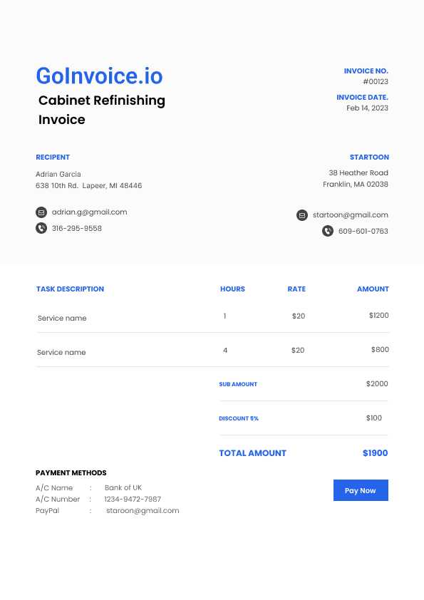 Cabinet Refinishing Invoice