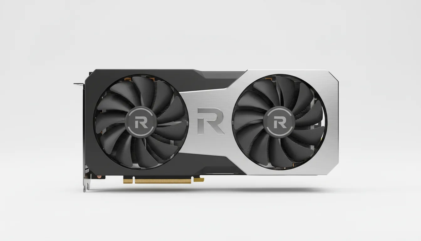 3D render of a high-end AMD Radeon GPU, clean product shot on a white studio background, orthographic side view, soft global illumination. The design is sleek and modern, featuring a dual-fan cooler with a shroud of matte black plastic and brushed silver aluminum. A large stylized 'R' logo is centered on the silver metal plate, with smaller 'R' logos on the fan hubs. The fan blades are dark grey plastic. The composition is minimalist and highlights the high-tech aesthetic of the hardware.