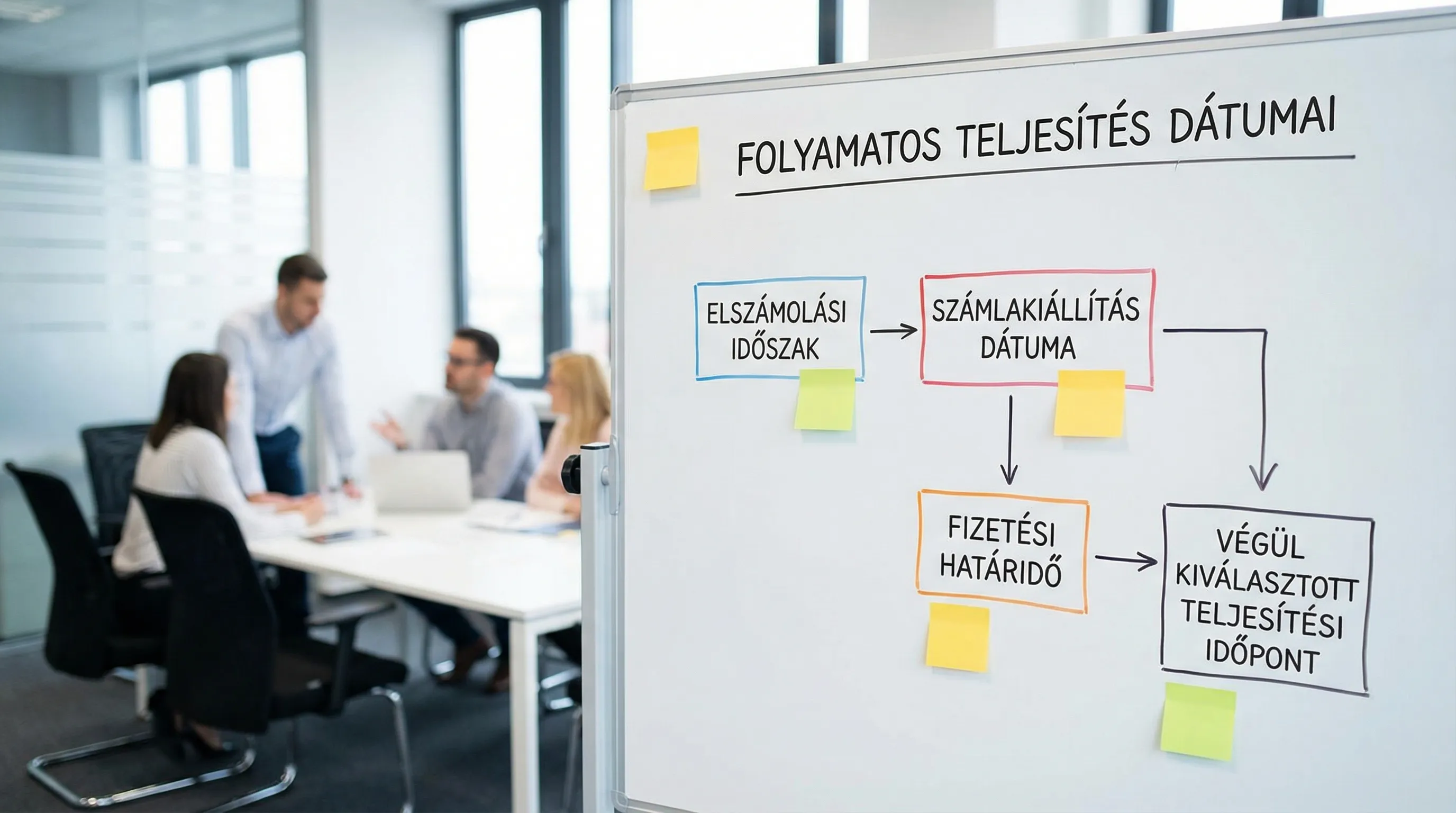 Egyszerű döntési ábra a folyamatos (időszaki elszámolású) teljesítésnél használt dátumok kapcsolatáról: elszámolási időszak, számlakiállítás dátuma, fizetési határidő, és a végül kiválasztott teljesítési időpont.