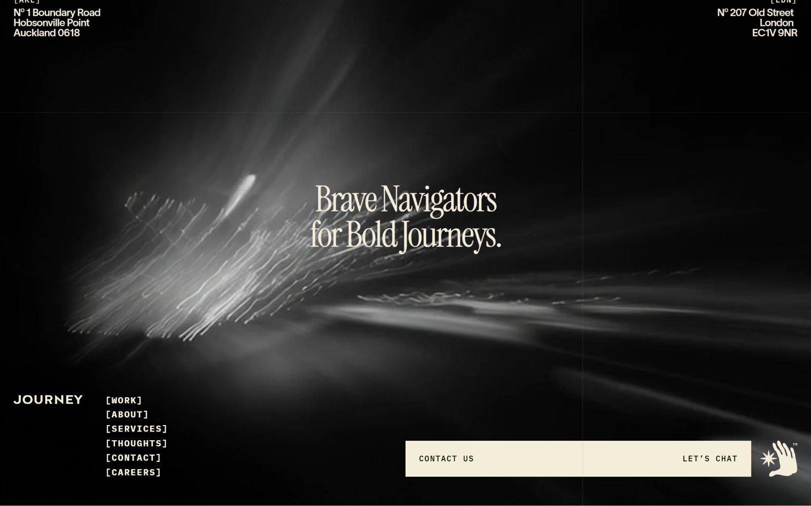 Monochrome abstract background with text: "Brave Navigators for Bold Journeys." Navigation menu on left. Contact buttons at bottom.