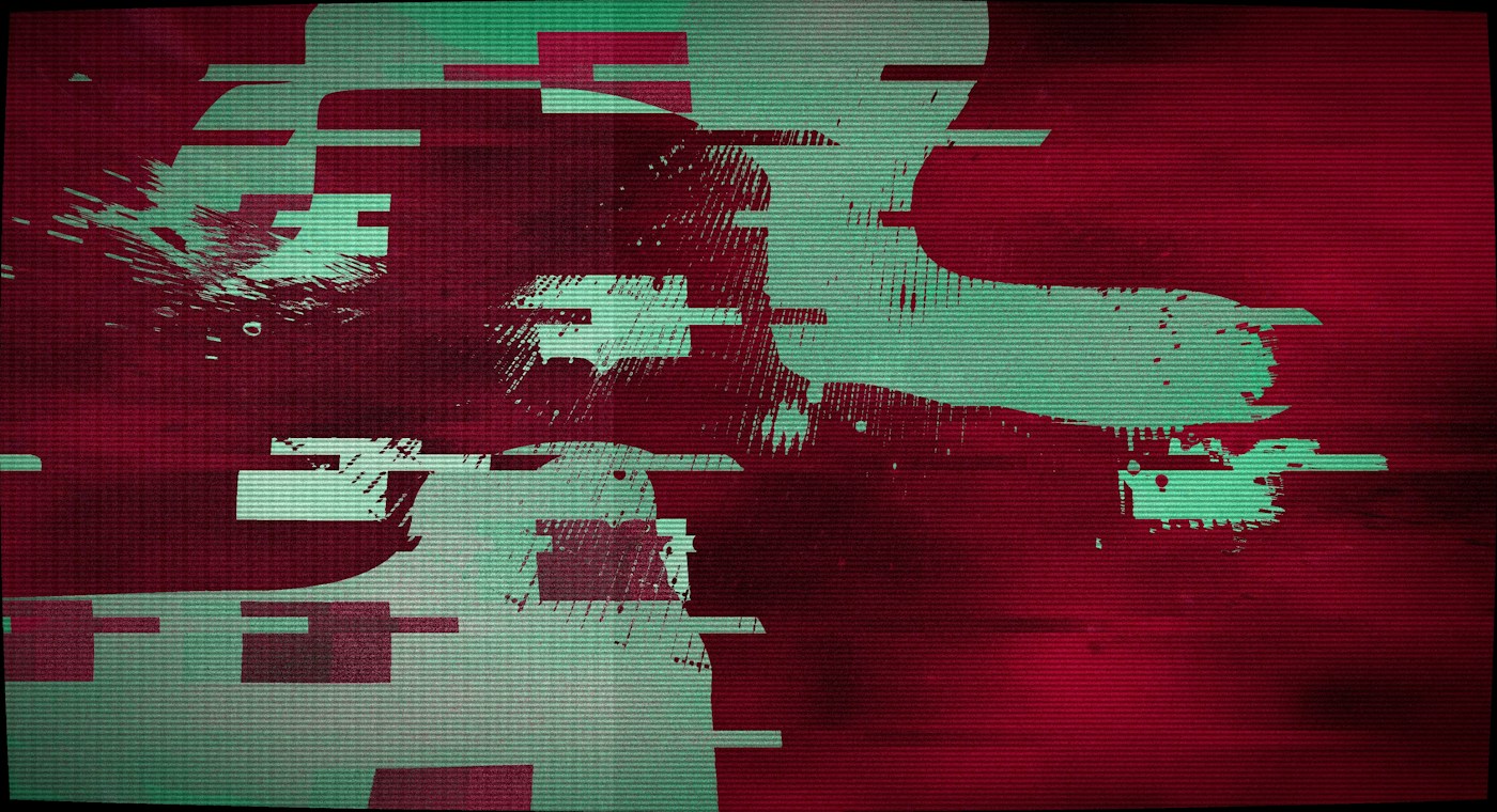 Abstract red and teal forms illustrating the boundary between captured and constructed imagery