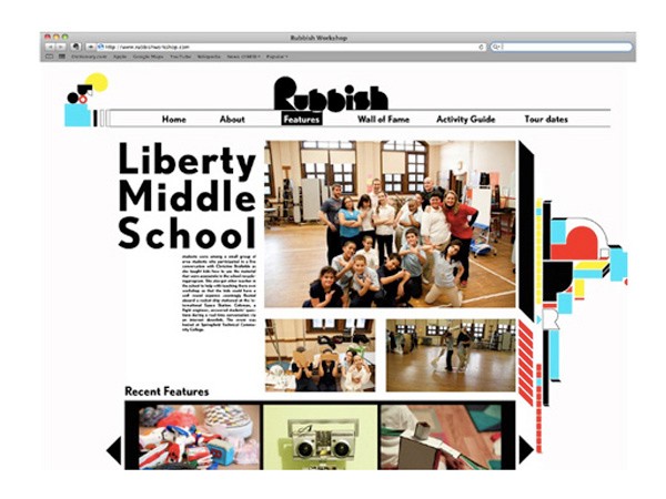 A screenshot of a website titled "Rubbish Workshop" displays a navigation bar with tabs including "Home," "About," "Features," "Wall of Fame," "Activity Guide," and "Tour dates." Below, a prominent headline reads "Liberty Middle School," accompanied by a paragraph of text describing students participating in a workshop. A grid of photos shows students and teachers in various settings, including a large group photo, a smaller group photo, and a photo of a camera. Below the photos, a section titled "Recent Features" includes images of art supplies and a camera. The website has a clean, minimalist design with black text on a white background.