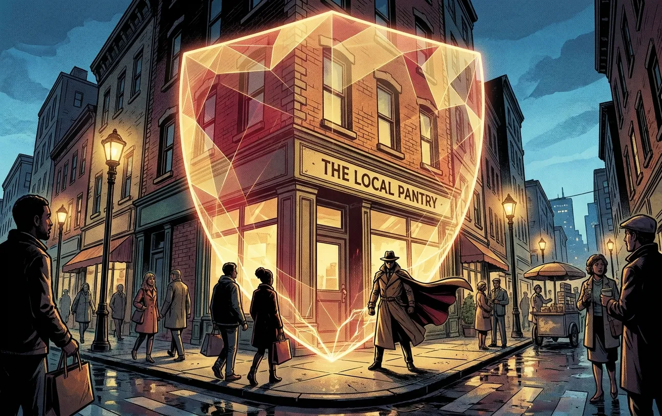 Urban street scene with glowing digital shield, RockN' Socials Digital Marketing.