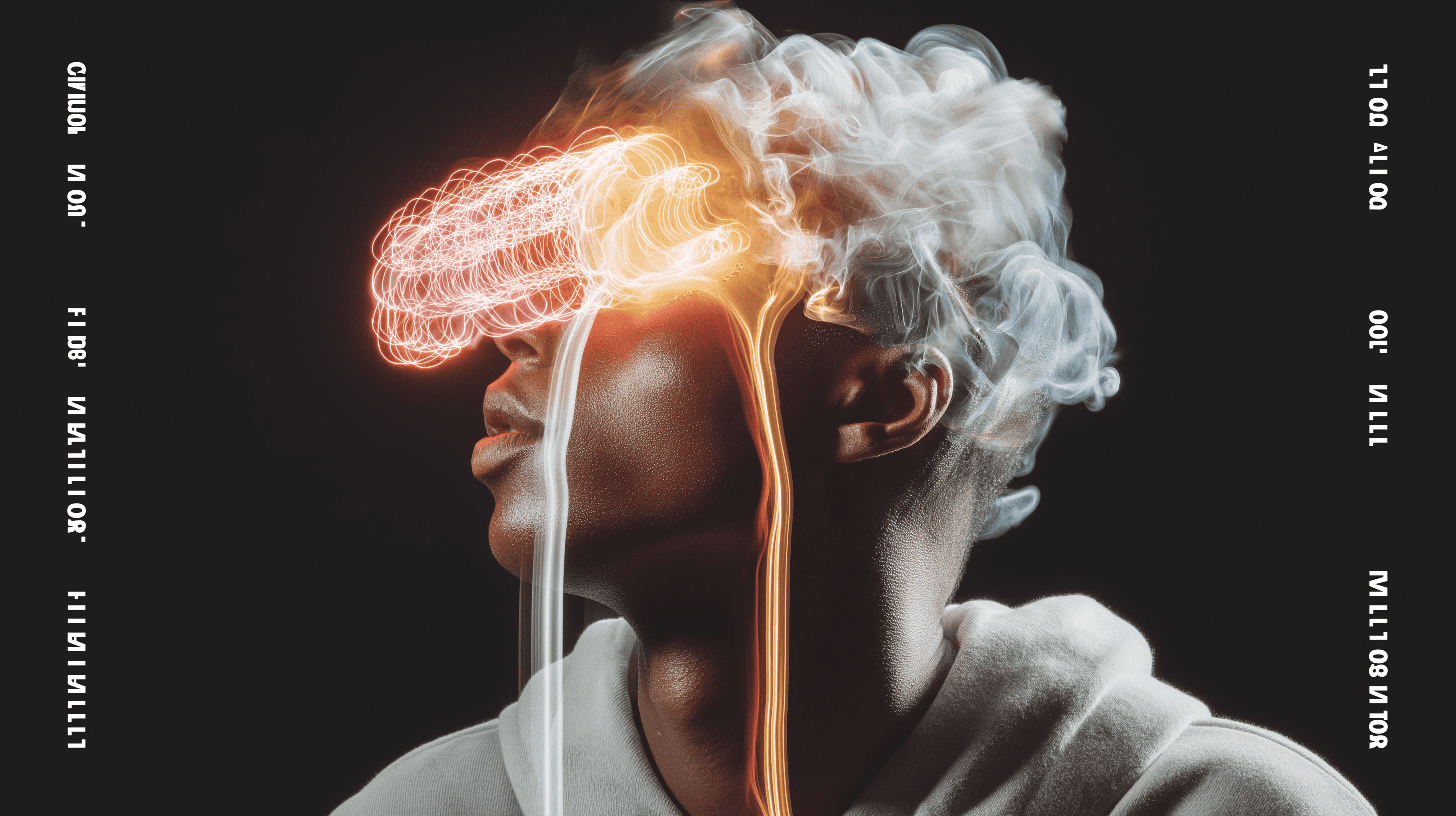 Künstlerisches Doppelbelichtungs-Portrait zeigt KI-Denkprozess mit leuchtenden neuronalen Bahnen