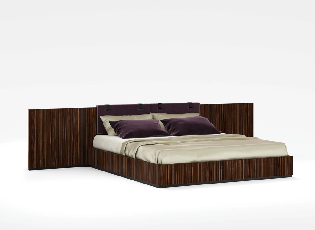 bed with wooden structure and leather inserts