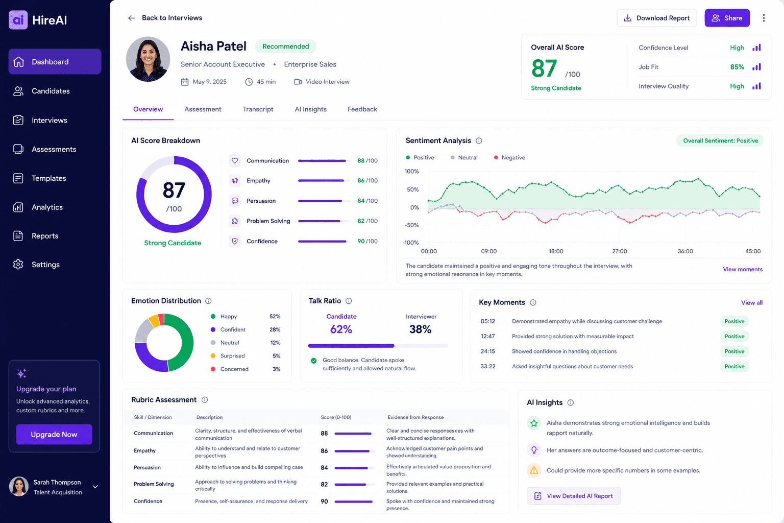 A futuristic hiring dashboard showing sentiment and tone analysis of a candidate's interview response