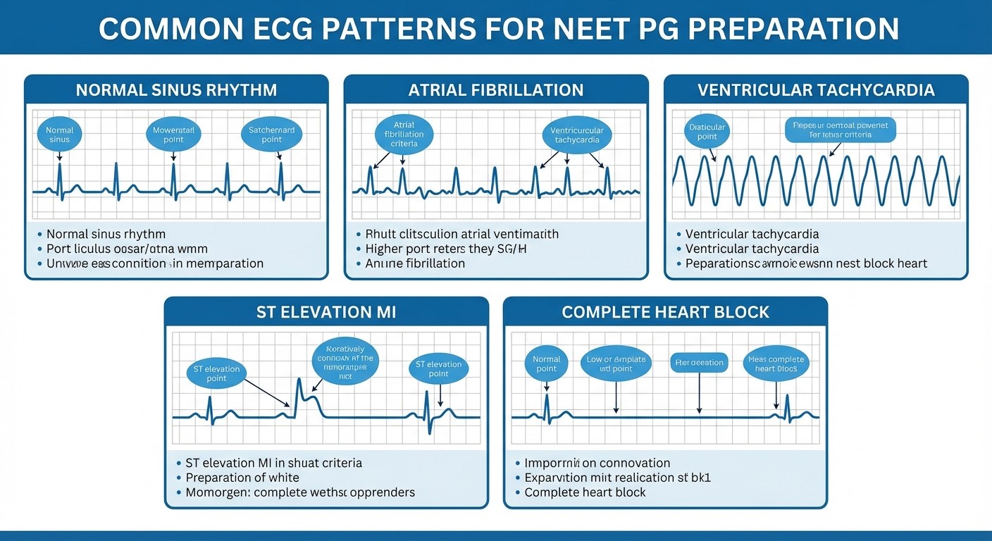 Common ECG patterns for NEET PG cardiology - normal rhythm, arrhythmias, and pathological changes