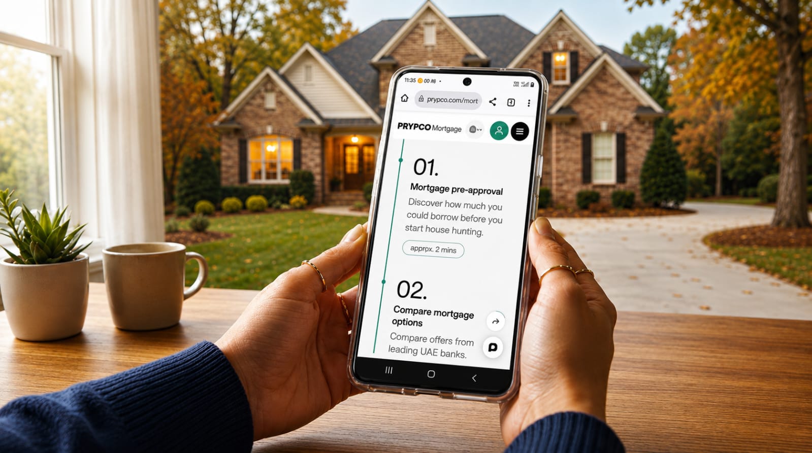 A person uses a smartphone to explore the mortgage process UAE through the PRYPCO Mortgage platform, with a large suburban home and autumn trees in the background.