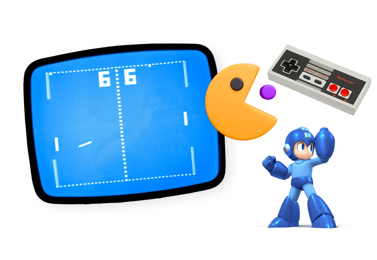 The image is a playful collage of retro video game elements. On the left, a vintage screen displays a classic Pong-style game with paddles and a ball, showing a score of 6–6. To the right of the screen is a Pac-Man–like character about to eat a small purple dot. Above it is a classic Nintendo-style controller, and below stands a cartoon-style blue robot character resembling Mega Man with one arm raised.  The overall image references classic arcade and early console gaming, combining recognizable icons from different eras of video game history.