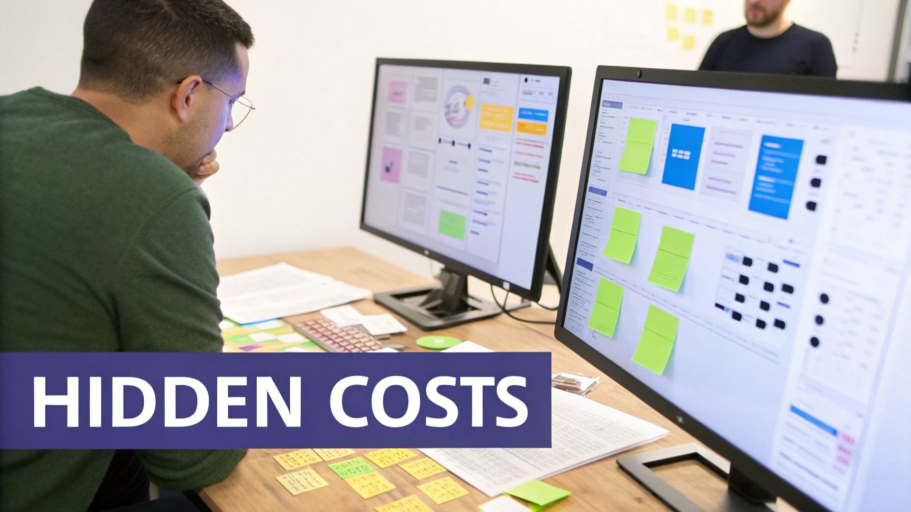 A man analyzing data on a large screen in a busy office setting, with 'HIDDEN COSTS' text.