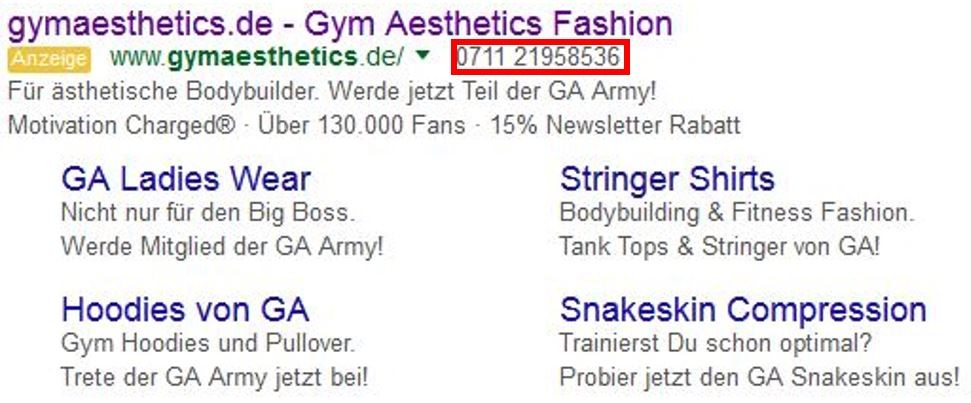 Google AdWords bietet Ihnen nurn die Möglichkeit, direkt beim Anzeigenschalter anzurufen