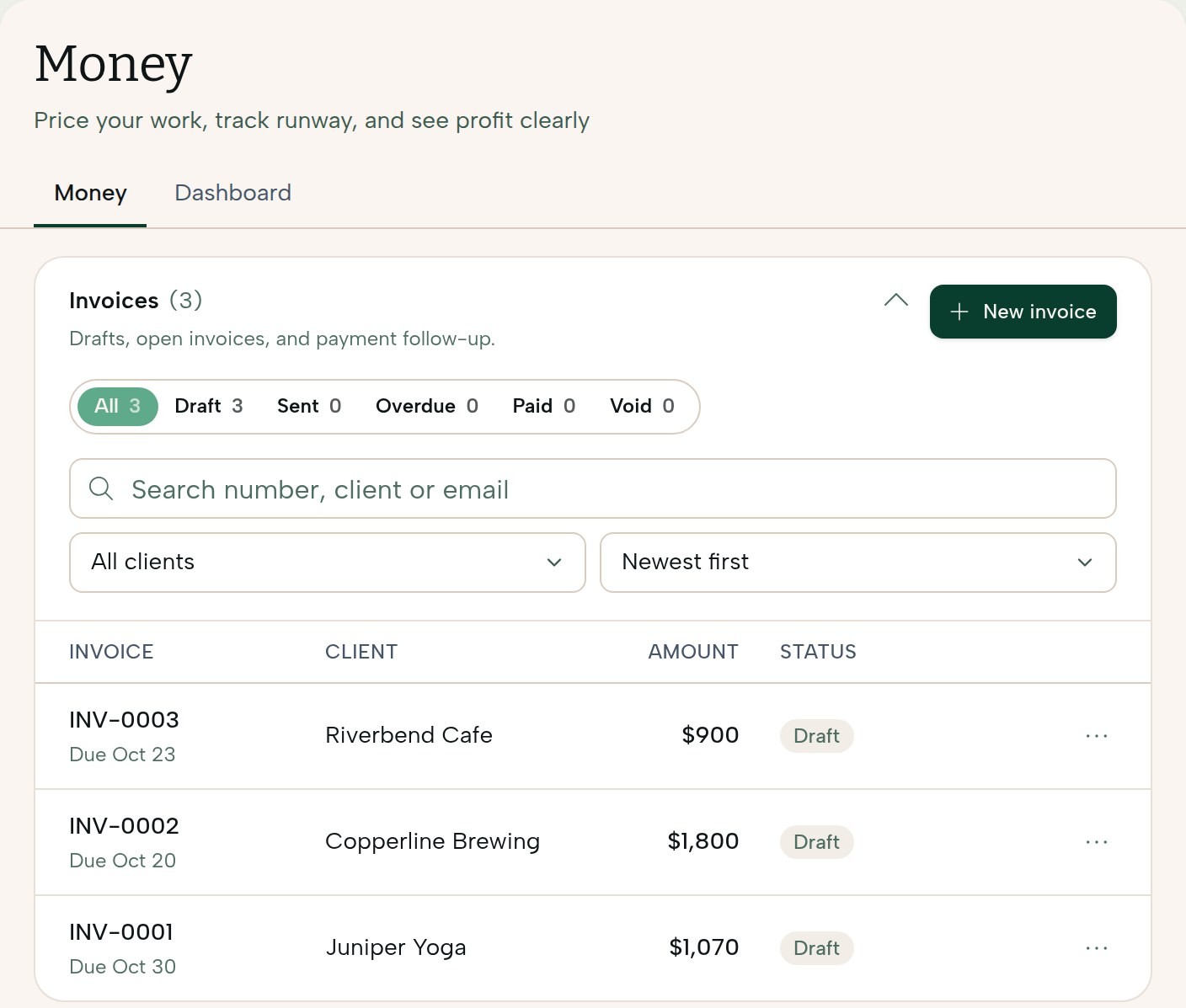 Aventide Money: invoices for three clients with due dates and amounts, and logged expenses.