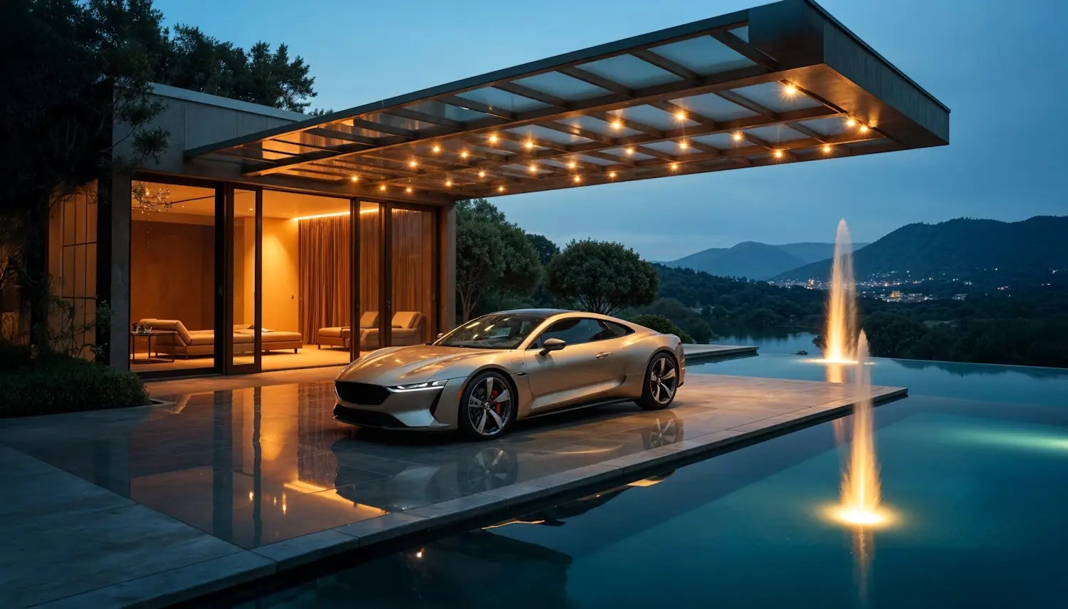 Sleek silver sports car parked next to a modern illuminated pool