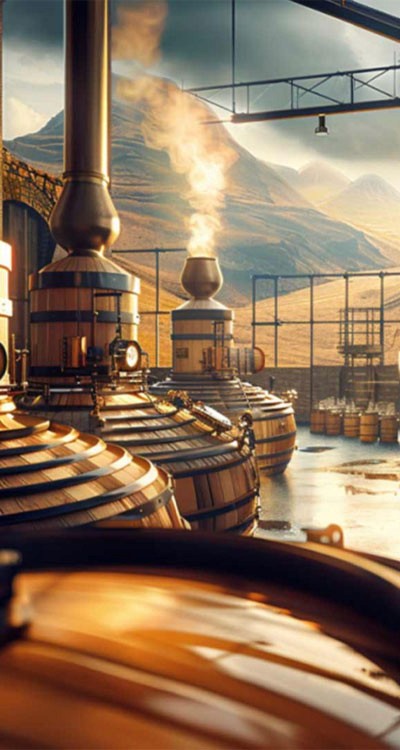 whiskey distillery with picturesque landscape