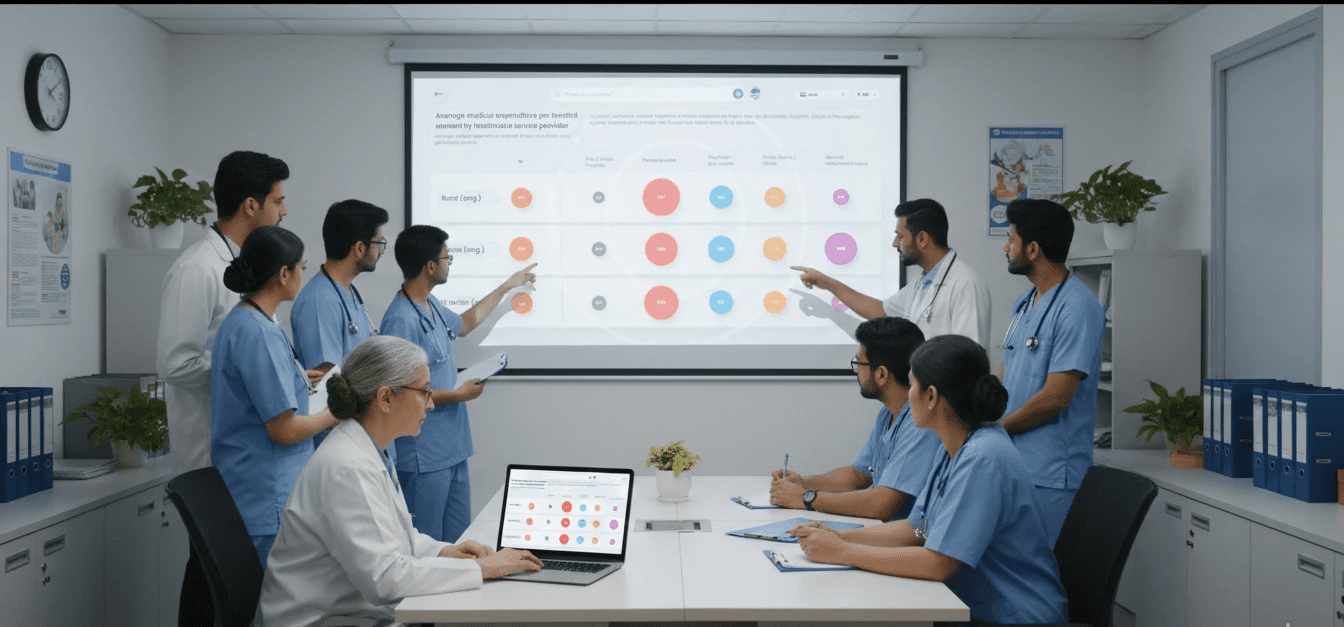 Doctors analysing recent growth in expenses in hospitals around the globe through Ari platform