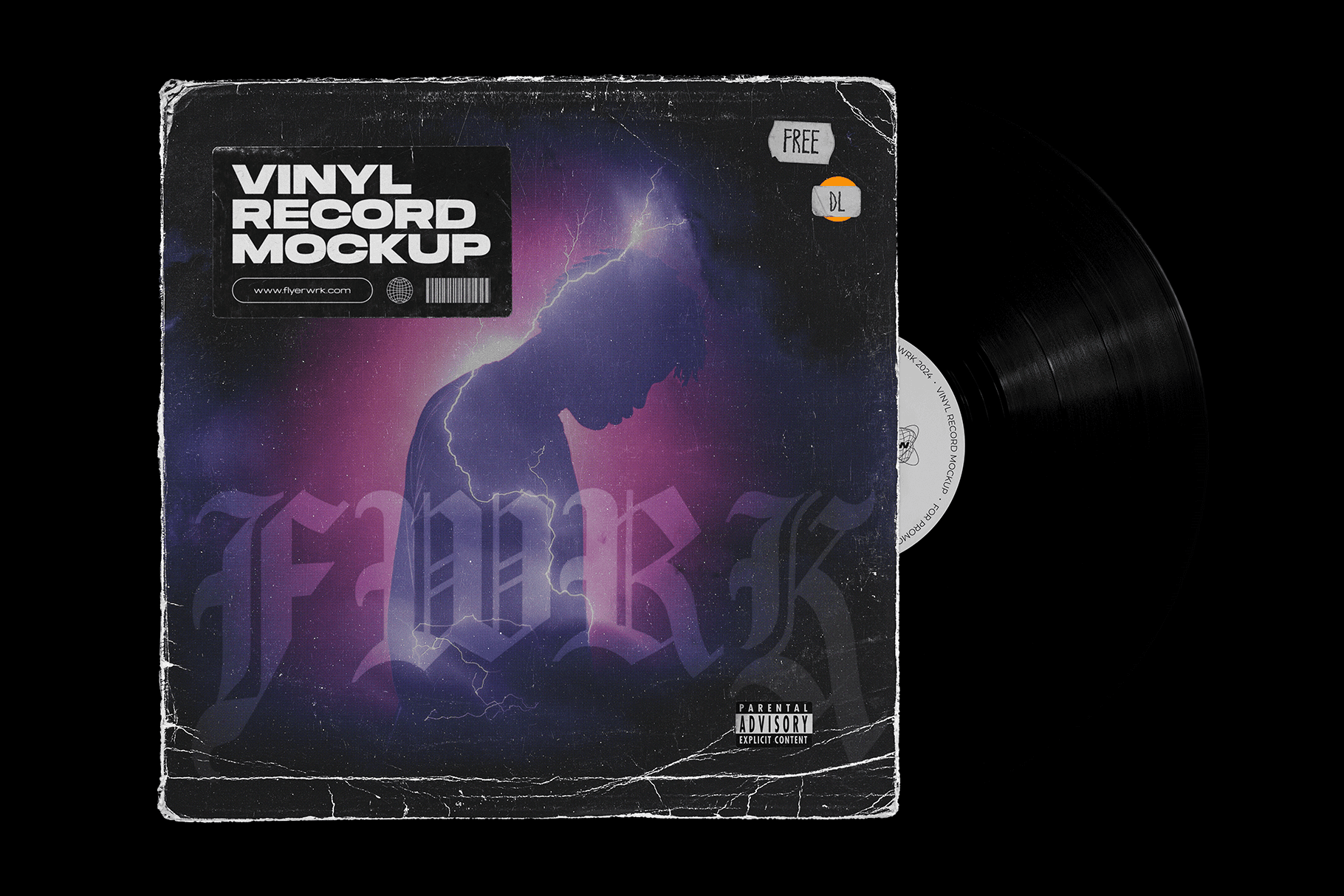 Realistic vinyl record mockup showing worn album cover and partially visible vinyl