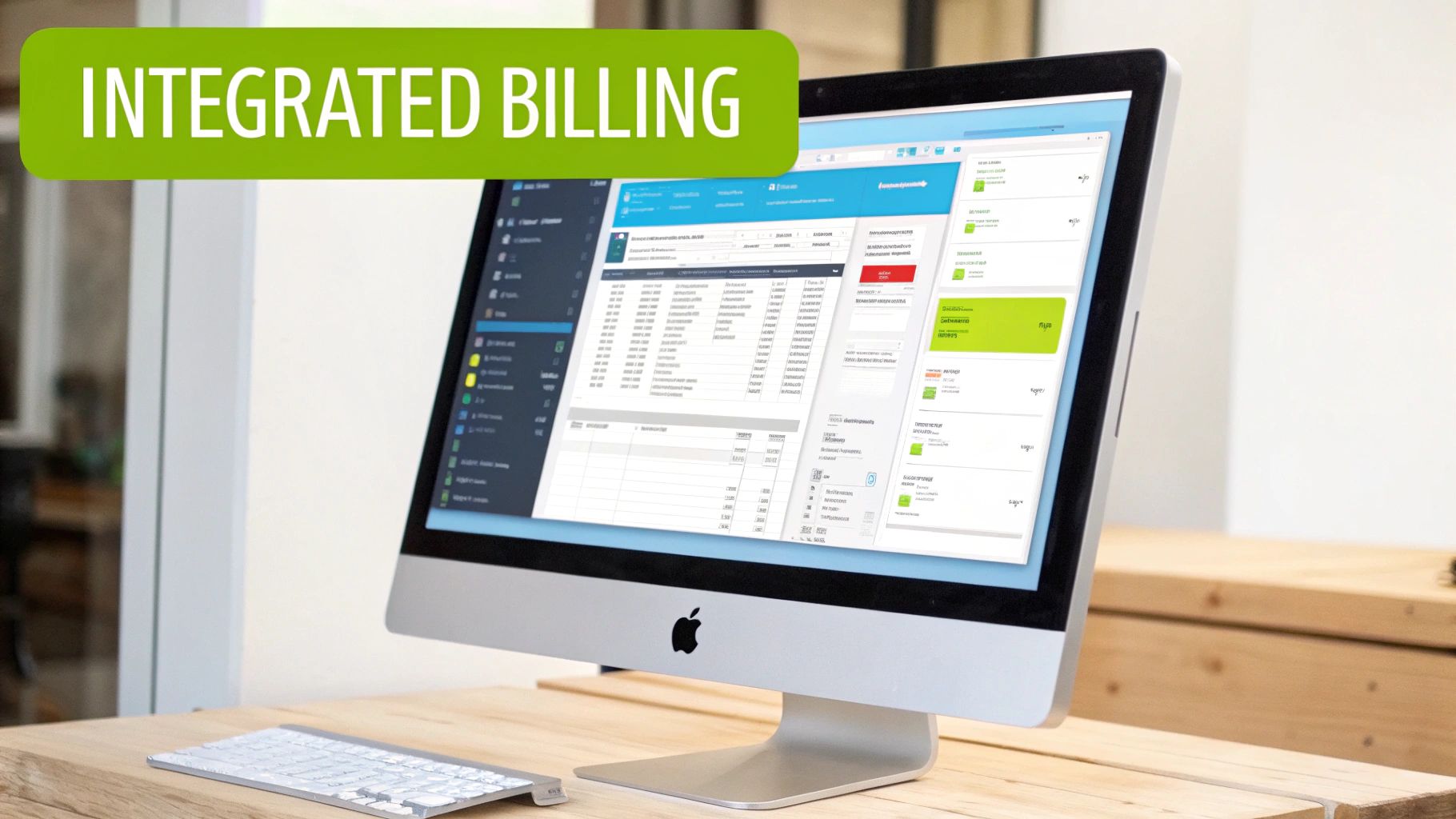 An Apple iMac displaying integrated billing software on a wooden desk, with a keyboard.