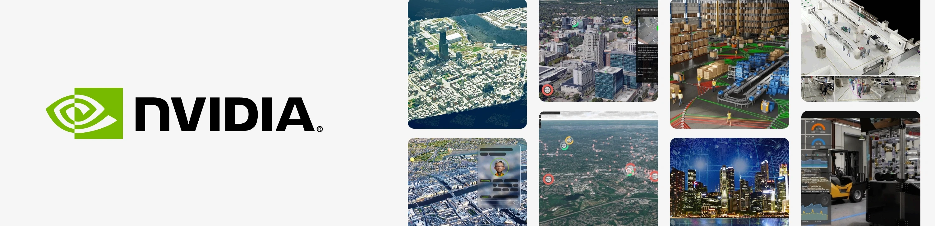 NVIDIA logo surrounded by aerial city views, traffic and logistics simulations and rendered urban environments built in Omniverse