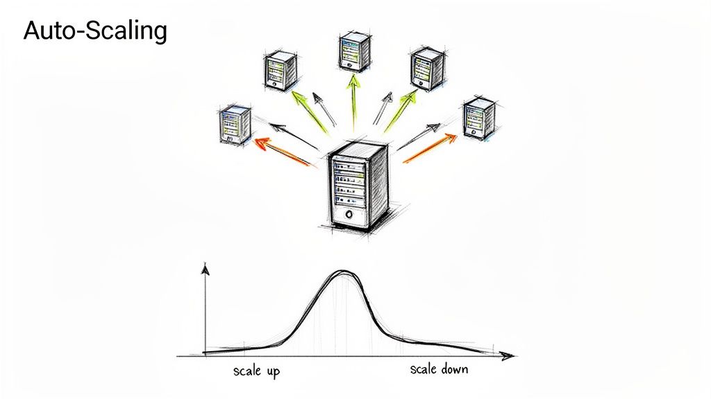 Diagram illustrating auto-scaling architecture with a central server, multiple worker nodes, and a scale up/down graph.