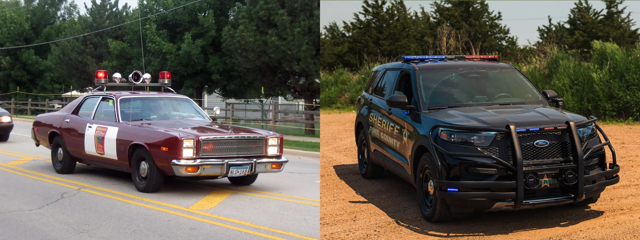Comparison of an older police vehicle and a modern sheriff SUV showing the evolution of law enforcement vehicle design and technology
