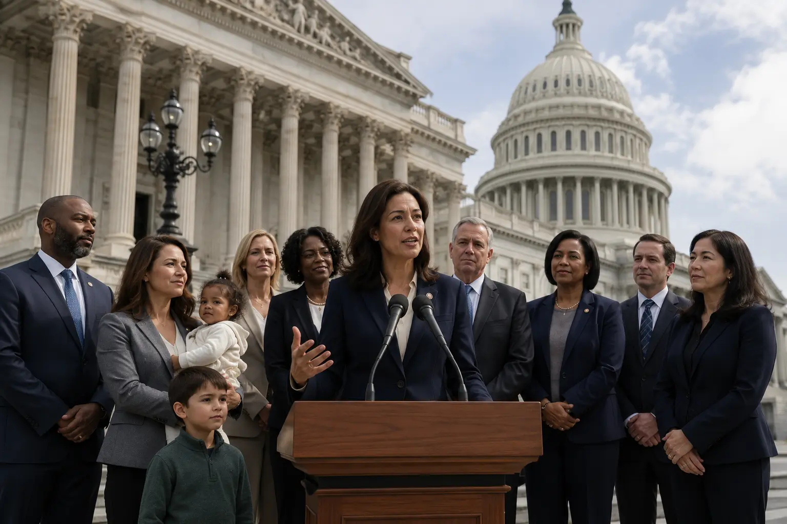 A woman speaks at a podium in front of capitol hill with a mixed group of people behind her