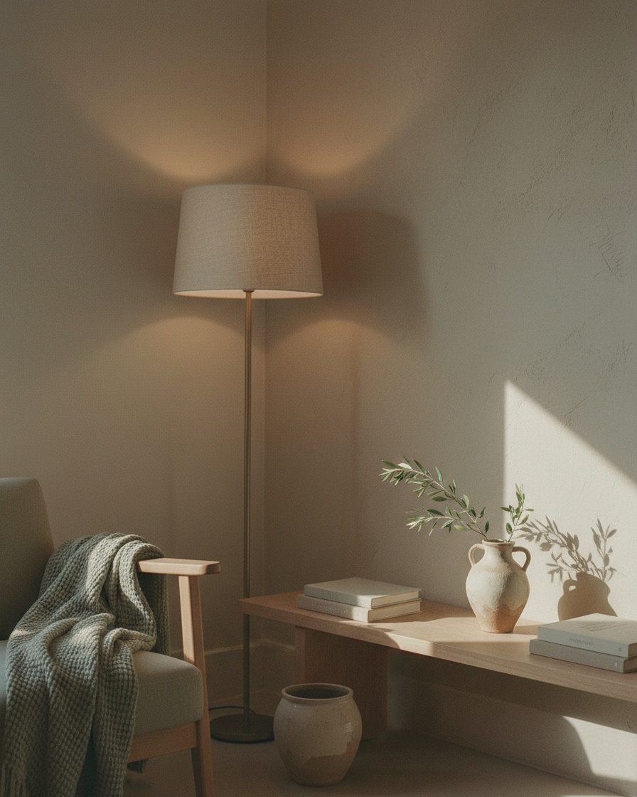 A floor lamp, a low oak bench with books and a vase of olive branches in the corner of the therapy room