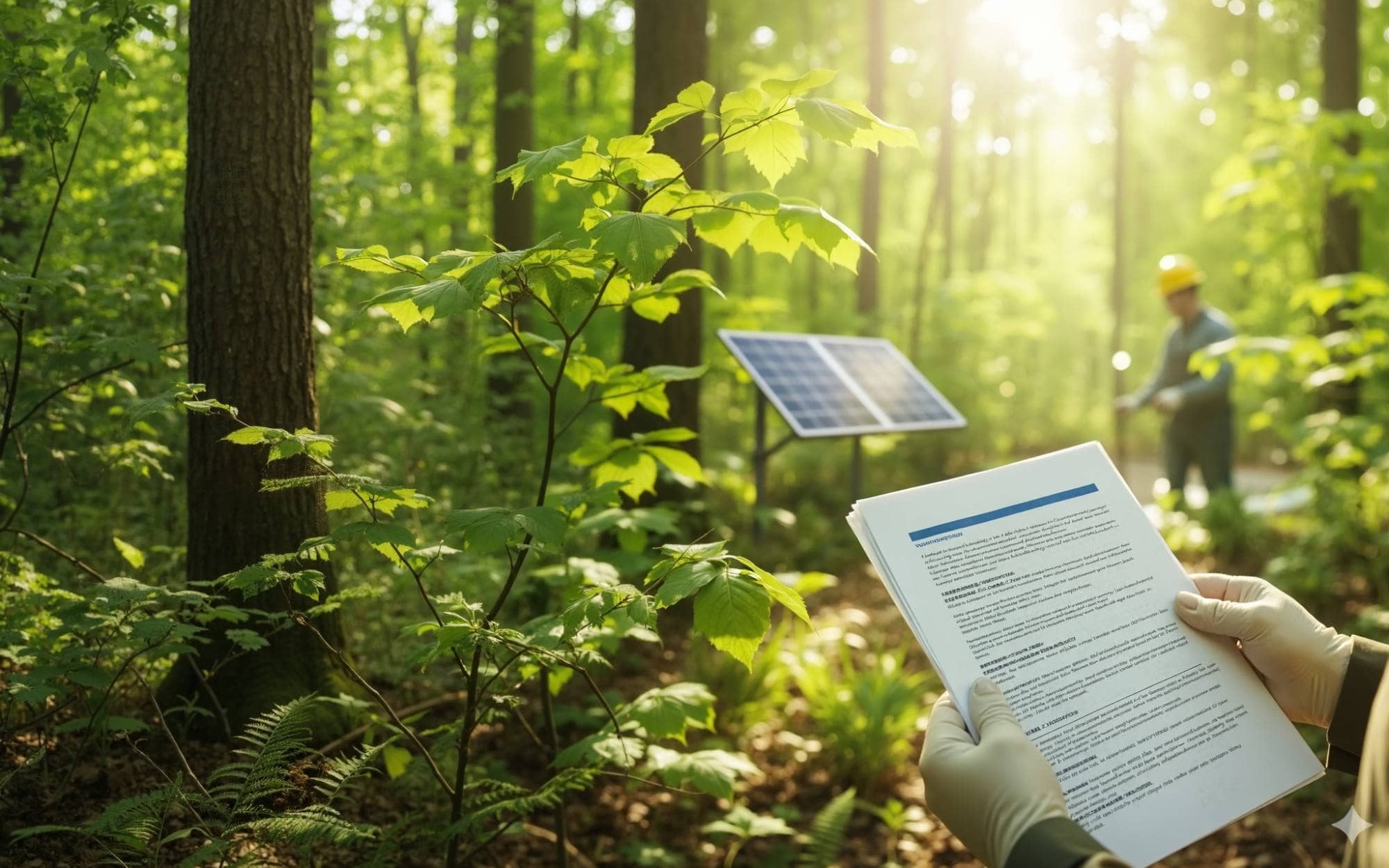 Gros plan sur les mains d'une personne gantée tenant un document ou un rapport dans une forêt lumineuse. À l'arrière-plan, un panneau solaire est installé près des arbres, et un travailleur en casque de sécurité effectue des relevés dans le soleil filtrant à travers les feuilles.