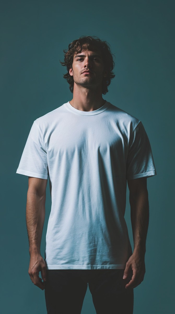 A man with curly hair stands confidently against a dark teal background, wearing a plain white T-shirt and dark pants, evoking a calm, minimalist tone.