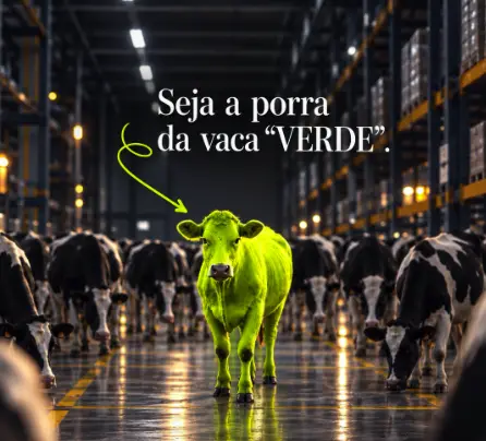 Uma vaca verde em destaque no meio de um rebanho de vacas iguais
