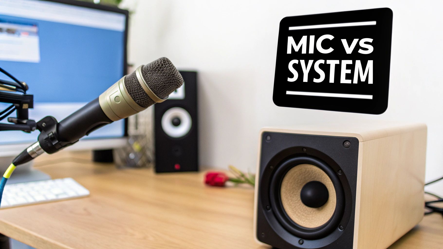 A modern microphone and headphones on a desk, representing audio capture.