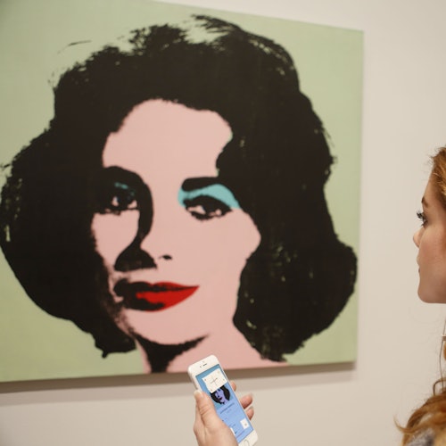 一个人拿着智能手机，欣赏一幅画作，画中女士有红色的嘴唇和蓝色的眼影，以浅绿色为背景。