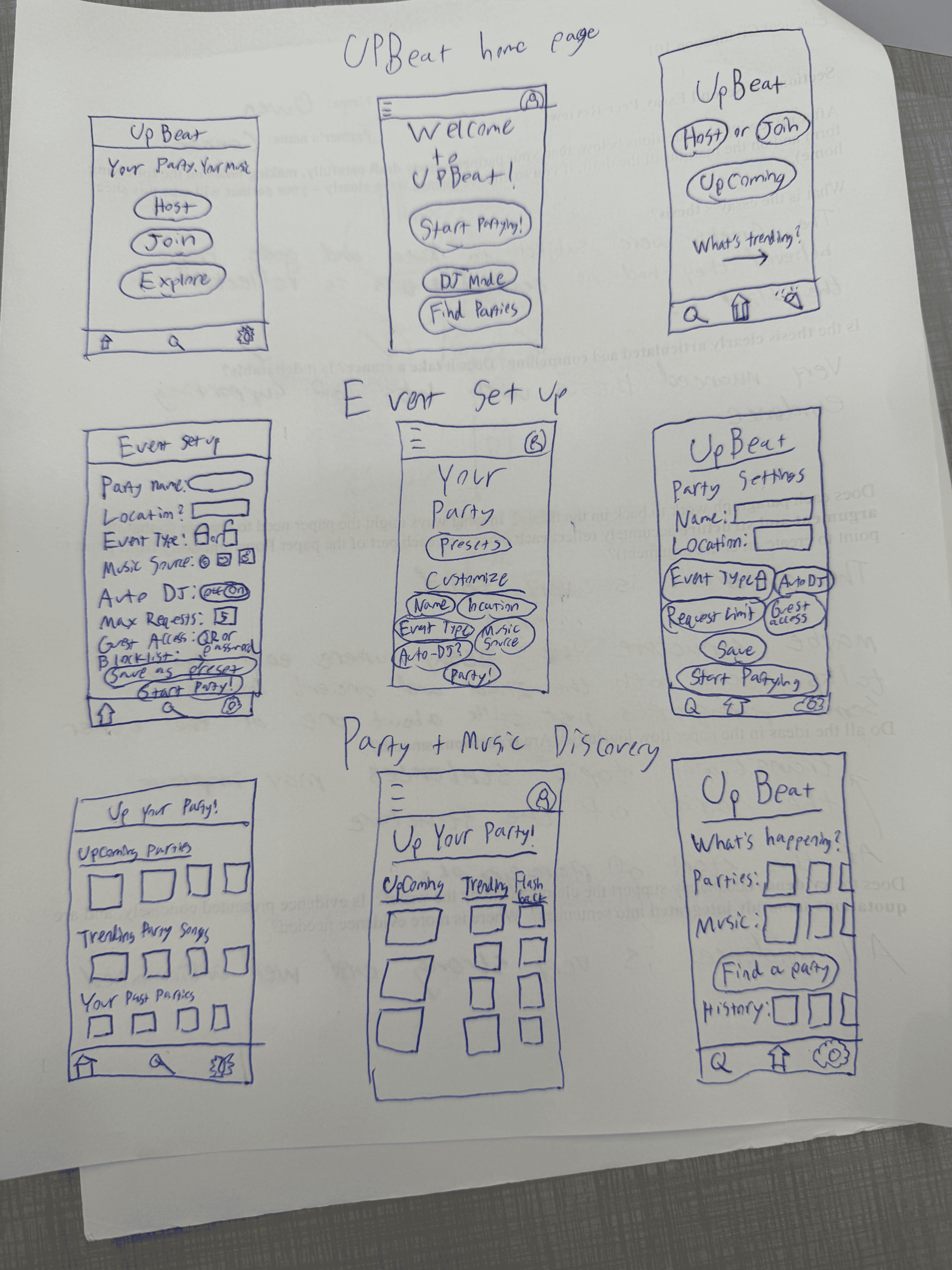 Early sketch iterations of UpBeat interface