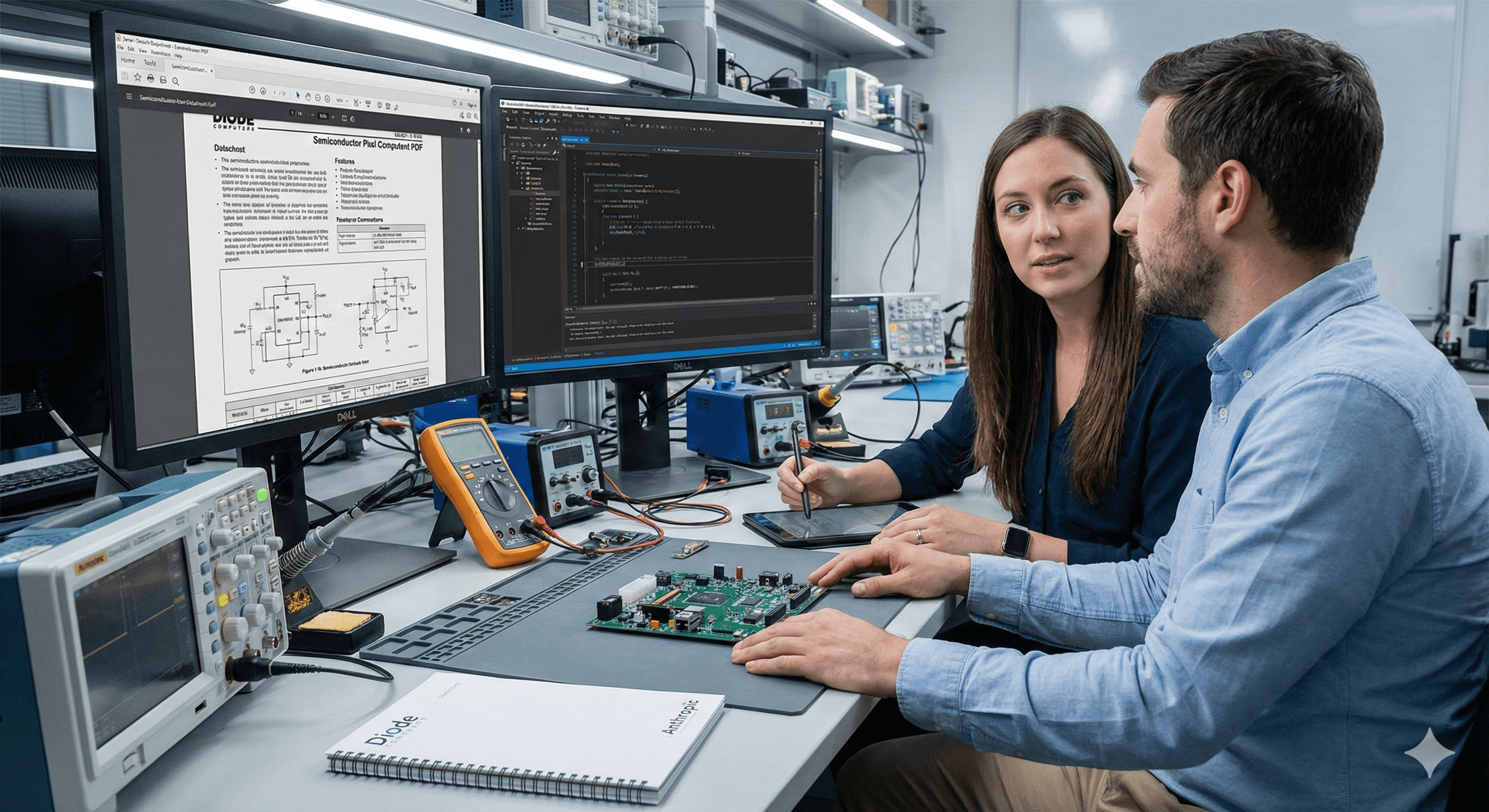 Two people are focused on electronic circuit design in a modern lab, with computer screens displaying schematics and code, complementing a green printed circuit board on the desk, suitable for Claude PCB Design enthusiasts.