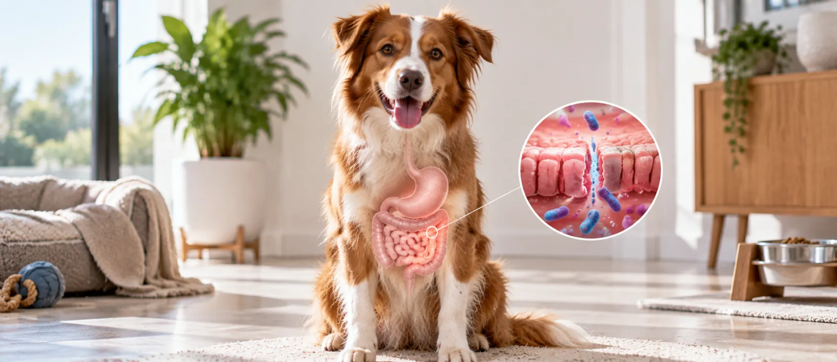An illustration of a dog's digestive tract highlights the gut bacteria imbalance behind leaky gut.
