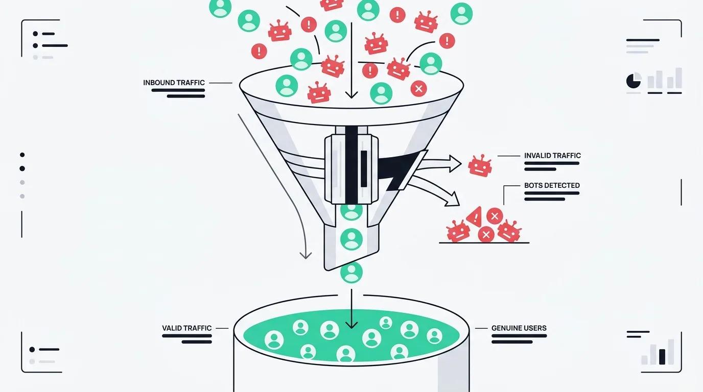 Funnel filtering red bot icons out while letting green human icons through to a valid-traffic pool