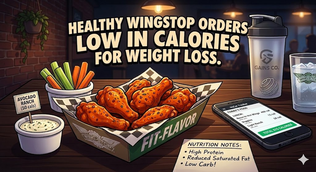A professional cartoon illustration of a healthy Wingstop-inspired meal on a dark wood table, featuring classic bone-in hot wings, celery and carrot sticks, avocado ranch, a gym shaker bottle, and a smartphone displaying a calorie tracking app for weight loss. The text header reads "Healthy Wingstop Orders Low in Calories for Weight Loss."