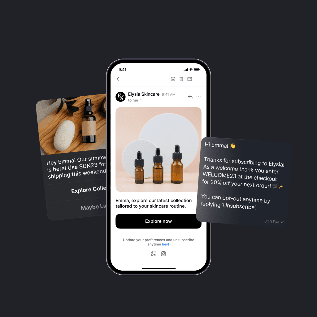 Mobile view of Elysia Skincare marketing messages, including a summer sale, product recommendations, and a welcome discount offer.