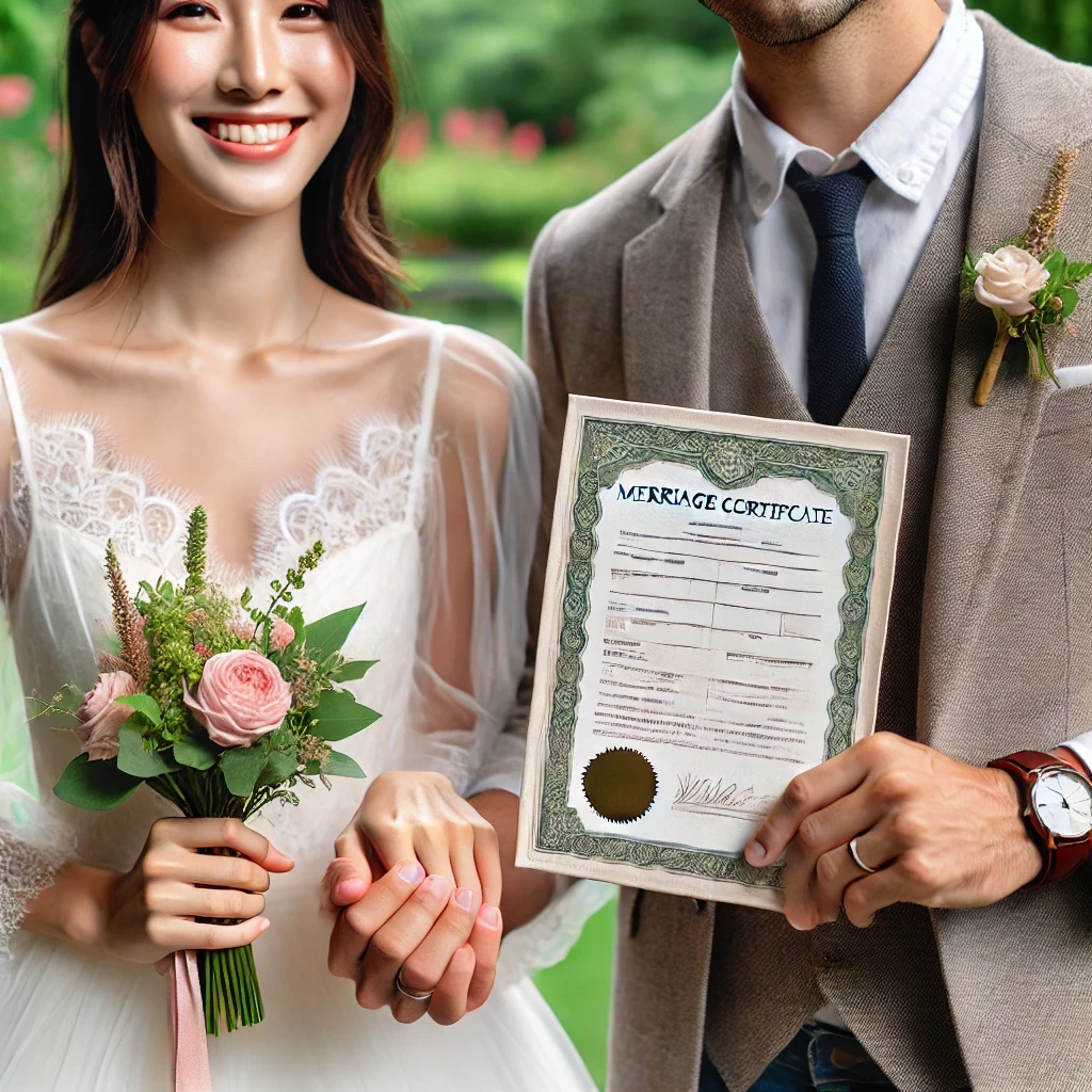 Newlywed couple holding hands and their marriage certificate, representing the start of the marriage-based green card application process.
