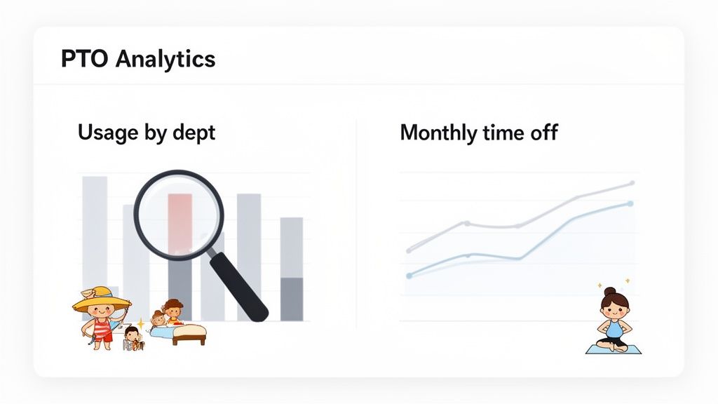 A PTO Analytics dashboard displaying usage by department with vacation and sick day icons, and monthly time off trends.
