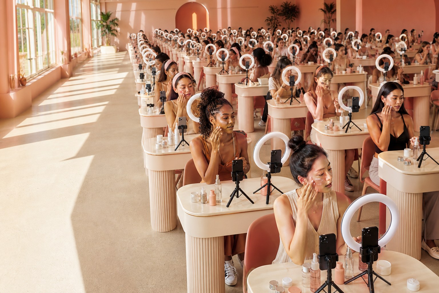 Dozens of beauty creators filming skincare content at identical vanity stations