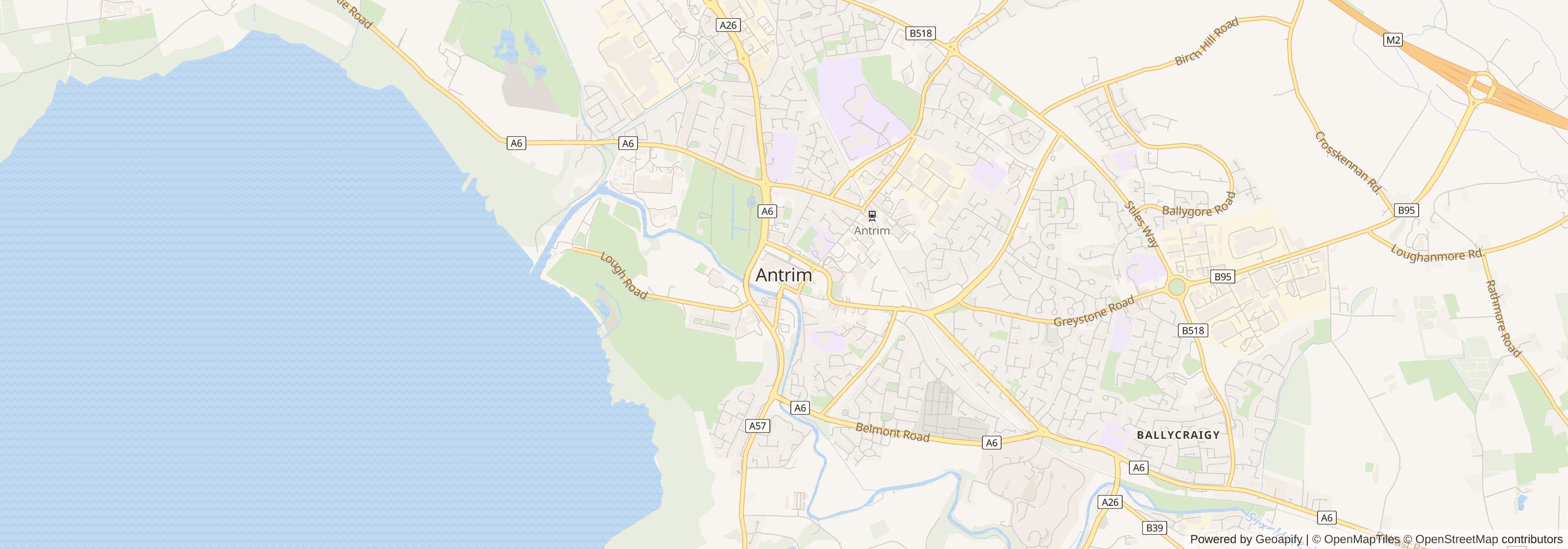Street map of Antrim, County Antrim showing main roads and nearby areas
