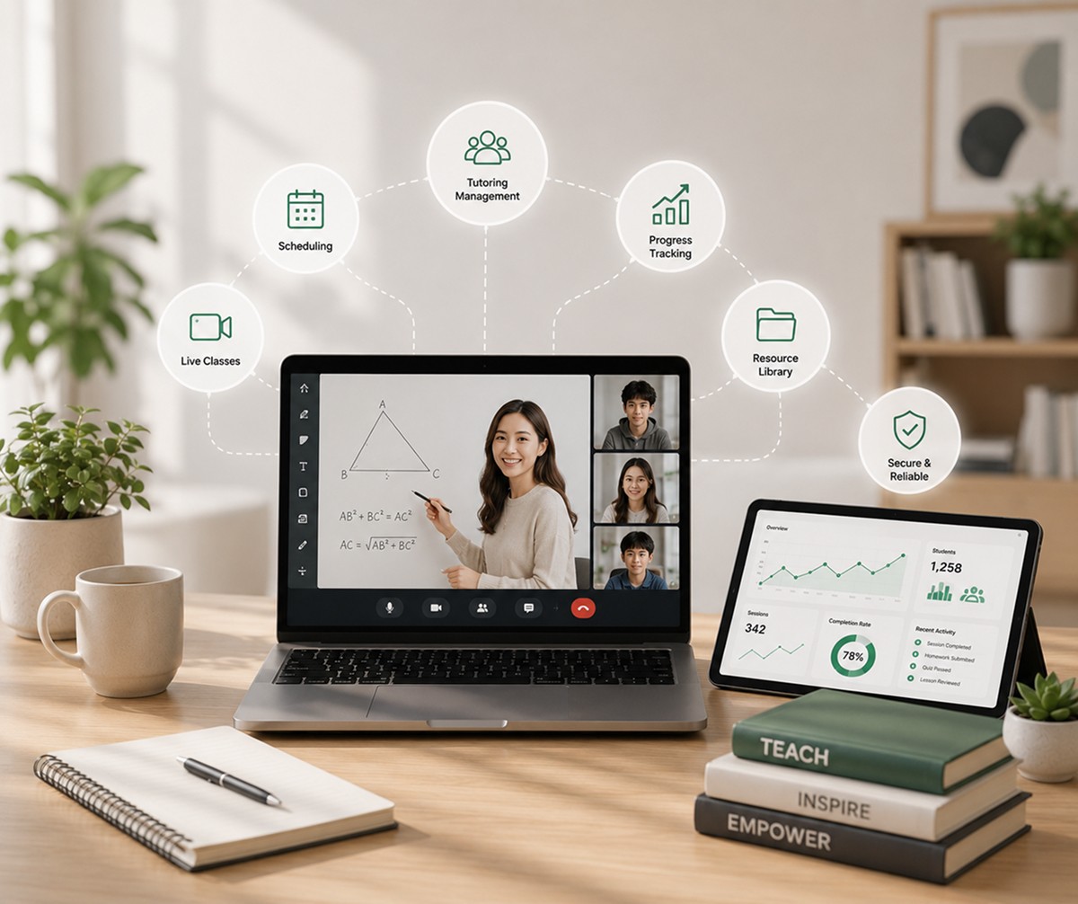 A live tutoring session on laptop alongside a dashboard showing 1,258  students and 78% completion rate, with system features labeled:  scheduling, progress tracking, and tutoring management