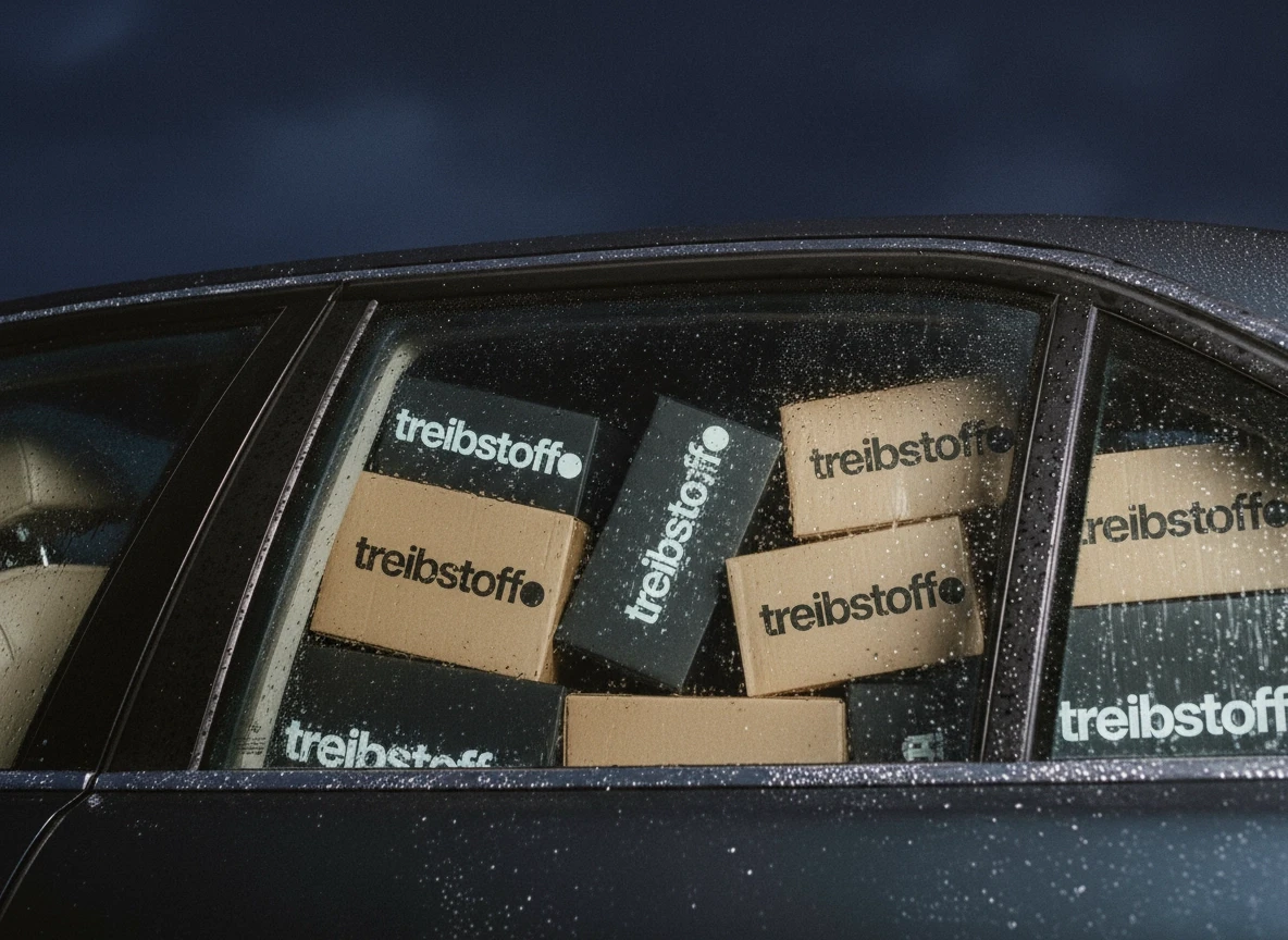 Auto voller treibstoff.-Pakete, sichtbar durch die Fensterscheibe – Symbolbild für Logistik, Versand und steigende Nachfrage nach natürlichen Supplement