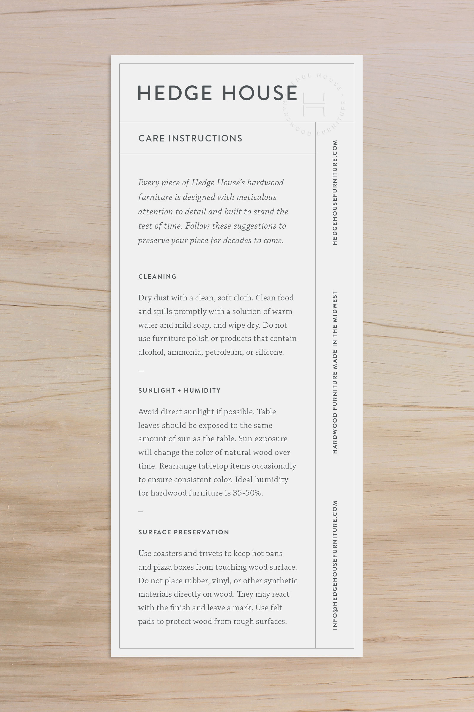 Hedge House Furniture Care Instructions Card