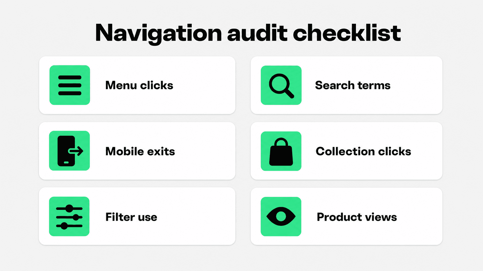 Snapp-style checklist infographic for auditing Shopify navigation labels, categories, menu depth, mobile usability, discovery, and measurement.