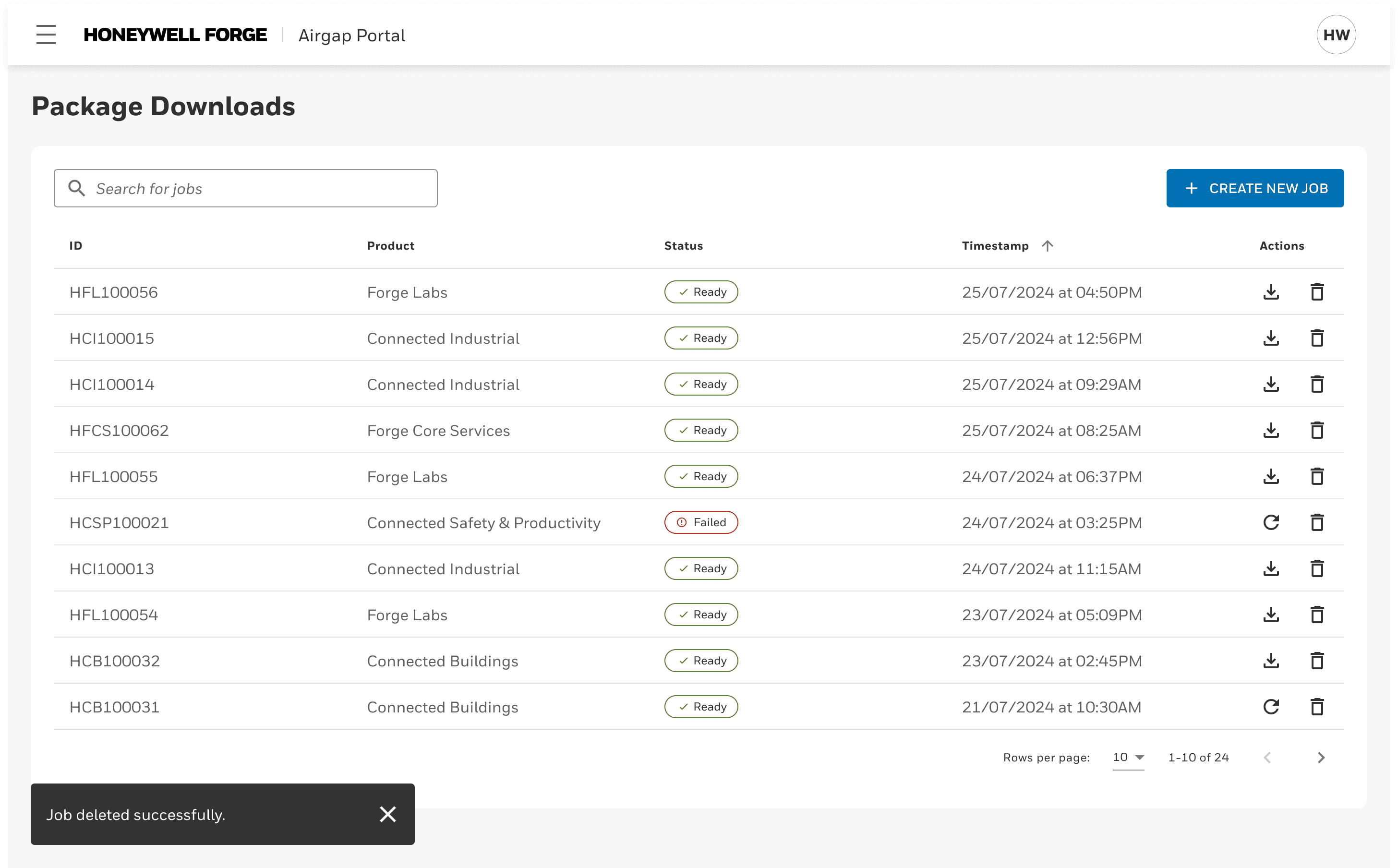 Package Downloads page with deletion confirmation snackbar in the bottom-left 